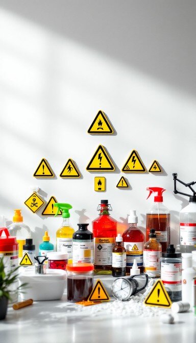 Chemical product bottles and containers with hazard labelling
